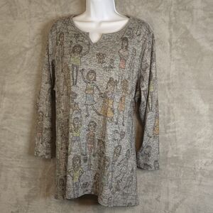 Ali Miles Shirt Womens 1X Gray Girl Power Tunic Top Pockets Graphic Print Artsy
